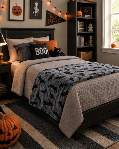 Halloween Fleece Throw Blanket, Black Bats on Gray, 50"x70" Oversized