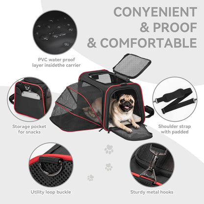 Petsfit Expandable Cat Dog Carrier Airline Approved, 17" L x 11" W x 11" H Soft-Sided Portable Pet Travel Carrier for Kitten, Puppy, Removable Soft Plush Mat and Pockets, Auto-Locking Zippers