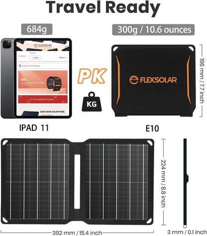 FlexSolar 10W Portable Solar Panels Charger 5V USB Small Foldable IP67 Waterproof Power Emergency Camping Backpacking Hiking for Phones iPads Power Banks