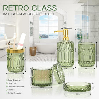 Premium Green Glass Bathroom Accessories Set (5PCS), Glass Soap Dispenser Set with Rust Proof Stainless Steel Pump, Elegant Modern Bathroom Decor Set, Gift for Valentines Day, Birthday or Housewarming
