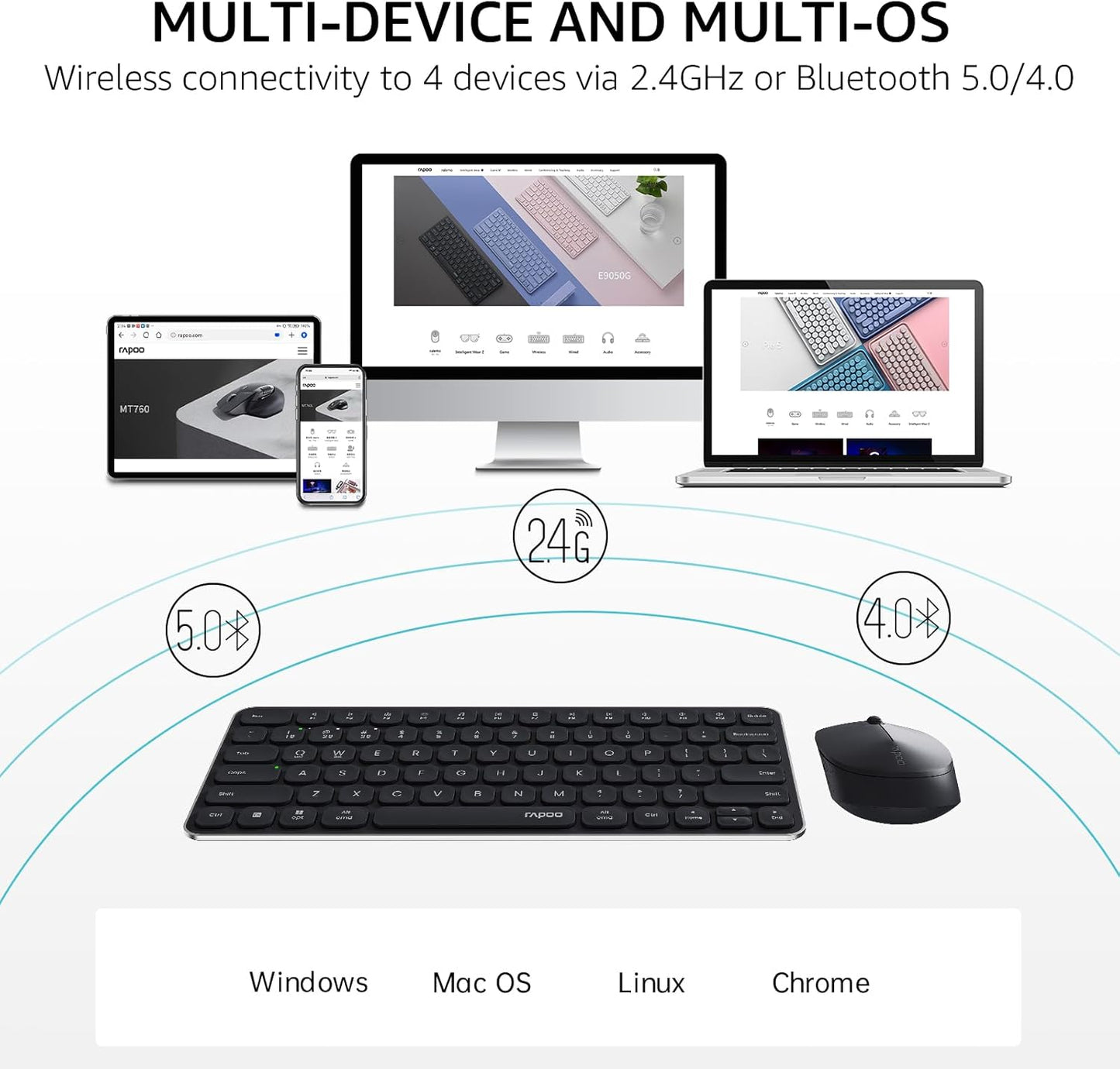 RAPOO Keyboard and Mouse Wireless - 9010M Multi-Device Wireless Keyboard Mouse Combo, 2.4GHz/Bluetooth 5.0/4.0 Wireless Keyboard Mouse Set for Windows/Mac/Linux/Chrome, Support 4 Devices, Silent Click