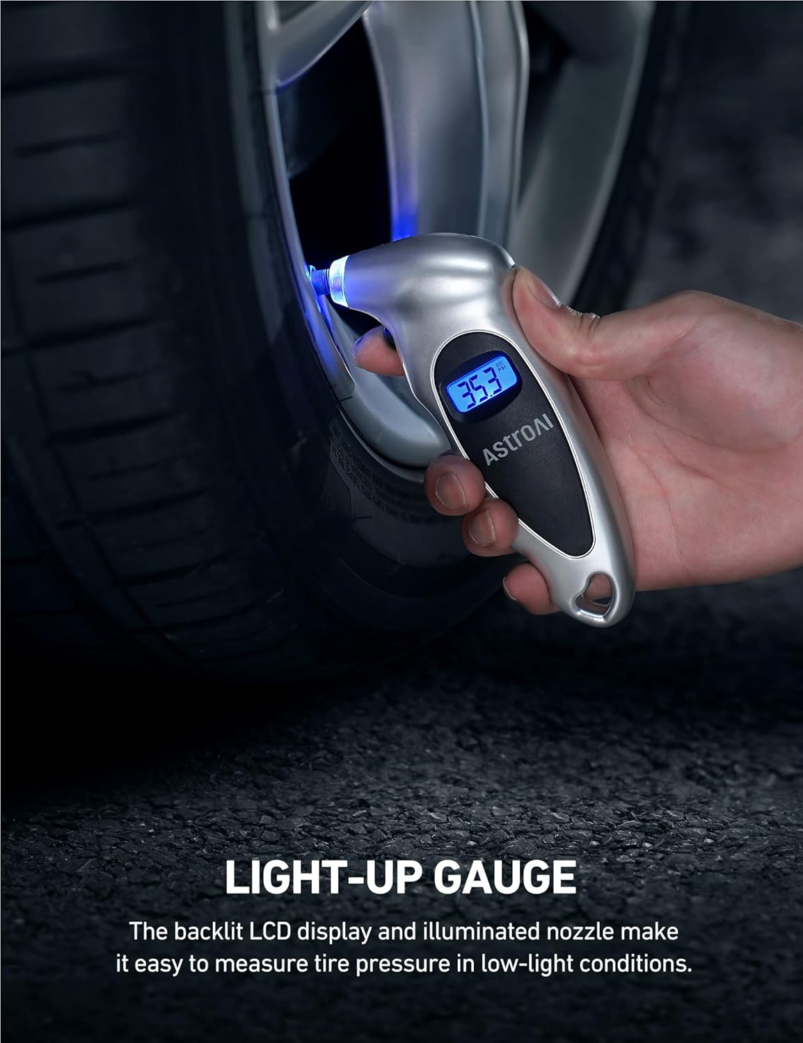 AstroAI Digital Tire Pressure Gauge with Replaceable AAA Batteries, 150 PSI 4 Settings Industrial Tire Gauge for Car Truck Bicycle Backlit LCD Non-Slip Grip Car Accessories(Black)