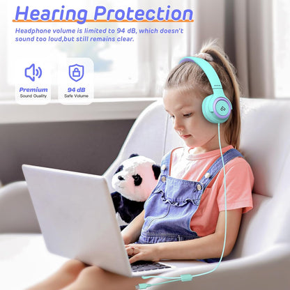 INFURTURE Kids Headphones for School Travel, 94dB Safe Volume Limited, HD Mic Stereo Sound Over-Ear Girls Boys Headphones for Kid, Foldable 3.5mm and USB-C Wired Headphones for iPad Computer