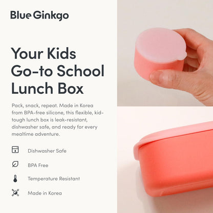 Blue Ginkgo Kids Silicone Lunch Box Set – Durable Heavy-Duty Silicone Bento Box, Microwave, Freezer, Dishwasher Safe – Airtight, BPA Free (Made in Korea, Coral)