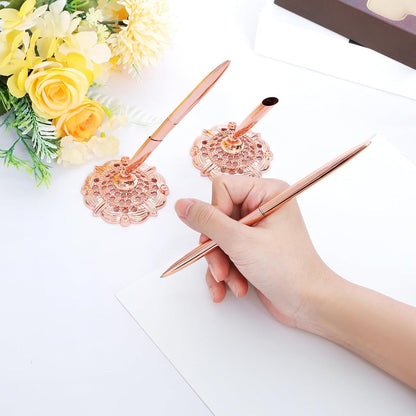 Bcxfbxd 2 Pcs Hollow Round Pen Holder Metal Pen Stand Holder Set Signing Pen Set Signing Desk Ballpoint Pens for Guest Book Wedding Birthday Party Graduation Teacher Office Business (Gold)