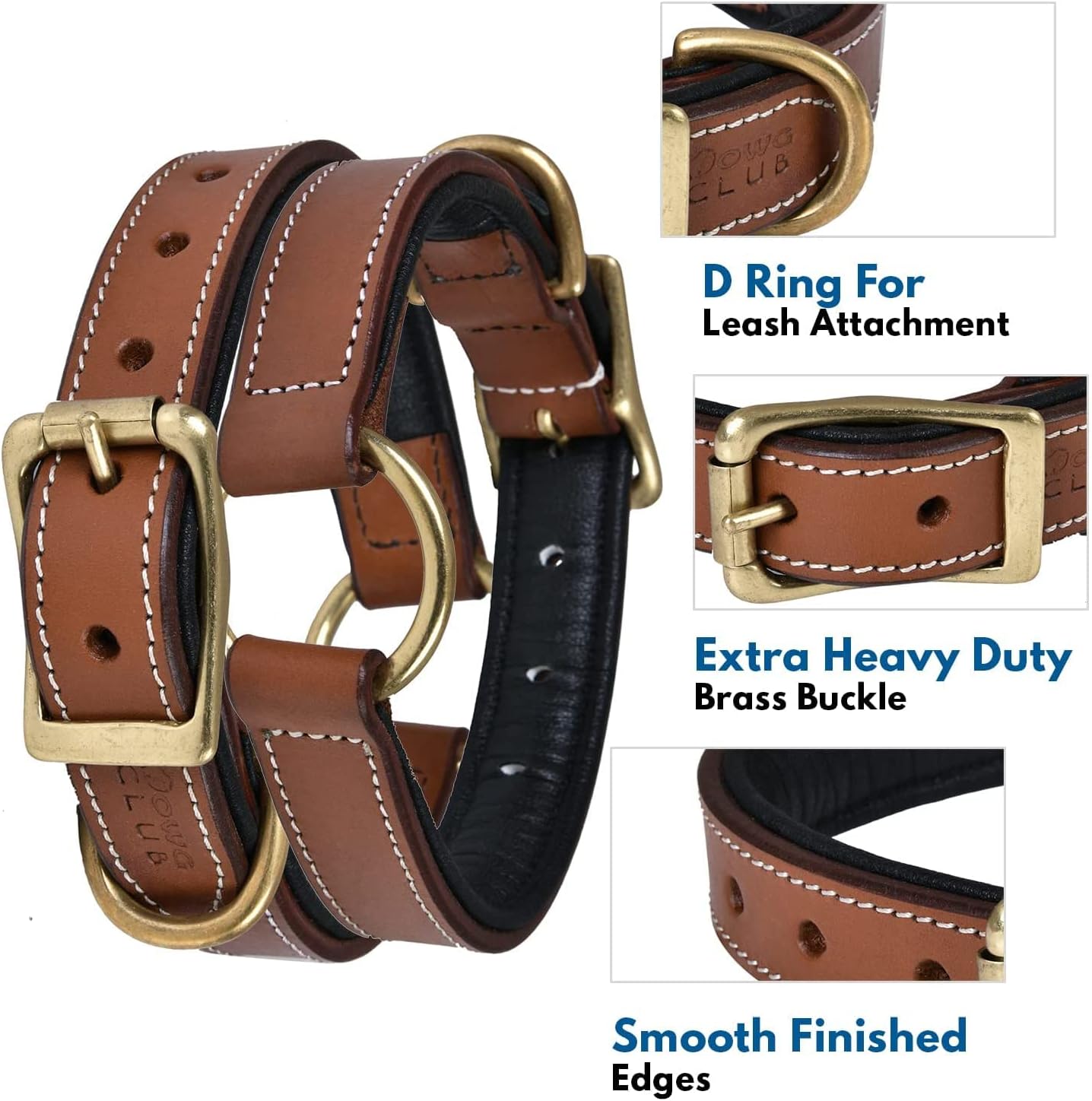 DowgClub | Genuine Leather Dog Collar | Full Grain, Heavy Duty | Comfortable, Strong | Best for Pups, Small, Medium & Large Breeds | Pink, Brown, Black, Tan