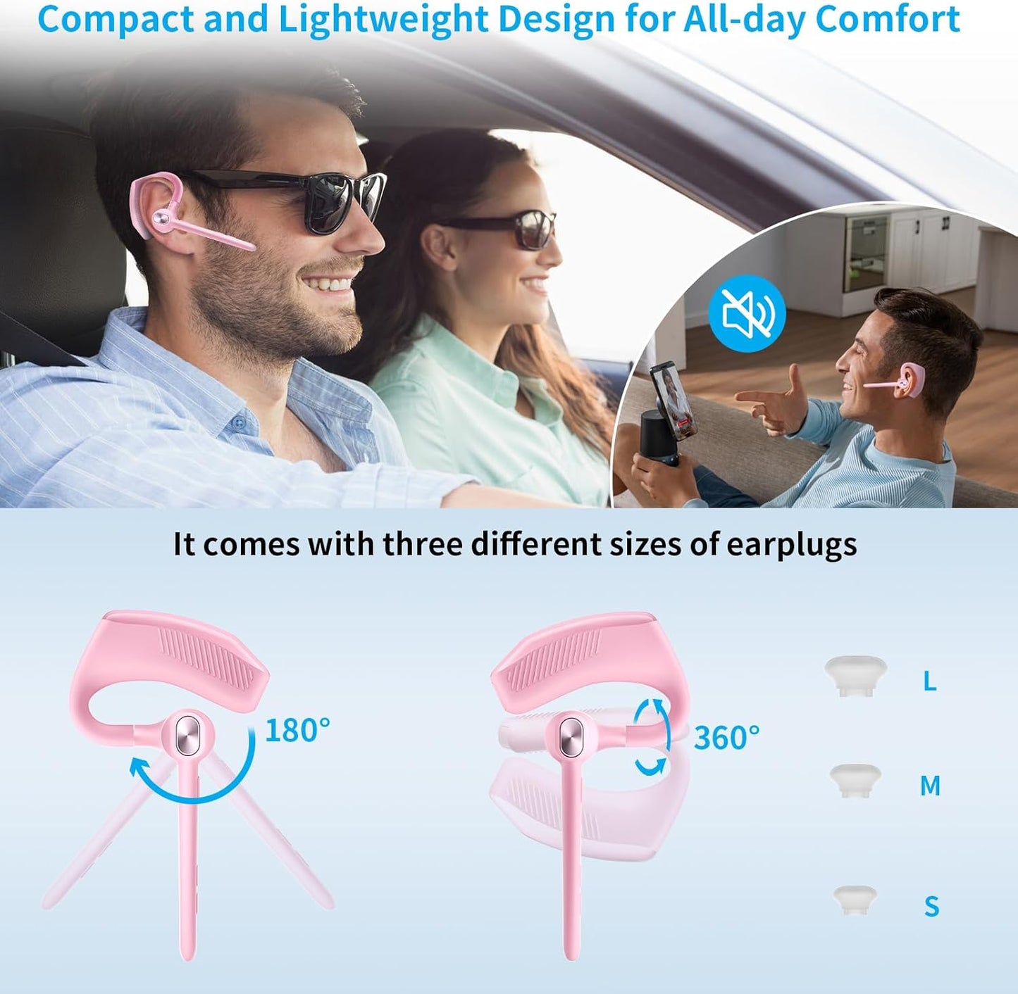 Wireless Headset Bluetooth Earpiece with Dual Noise Canceling Microphone Hands Free Headphones Single Ear Earphone Over Ear Earbud for iPhone Samsung Android Cellphones TV PC Trucker Game Work