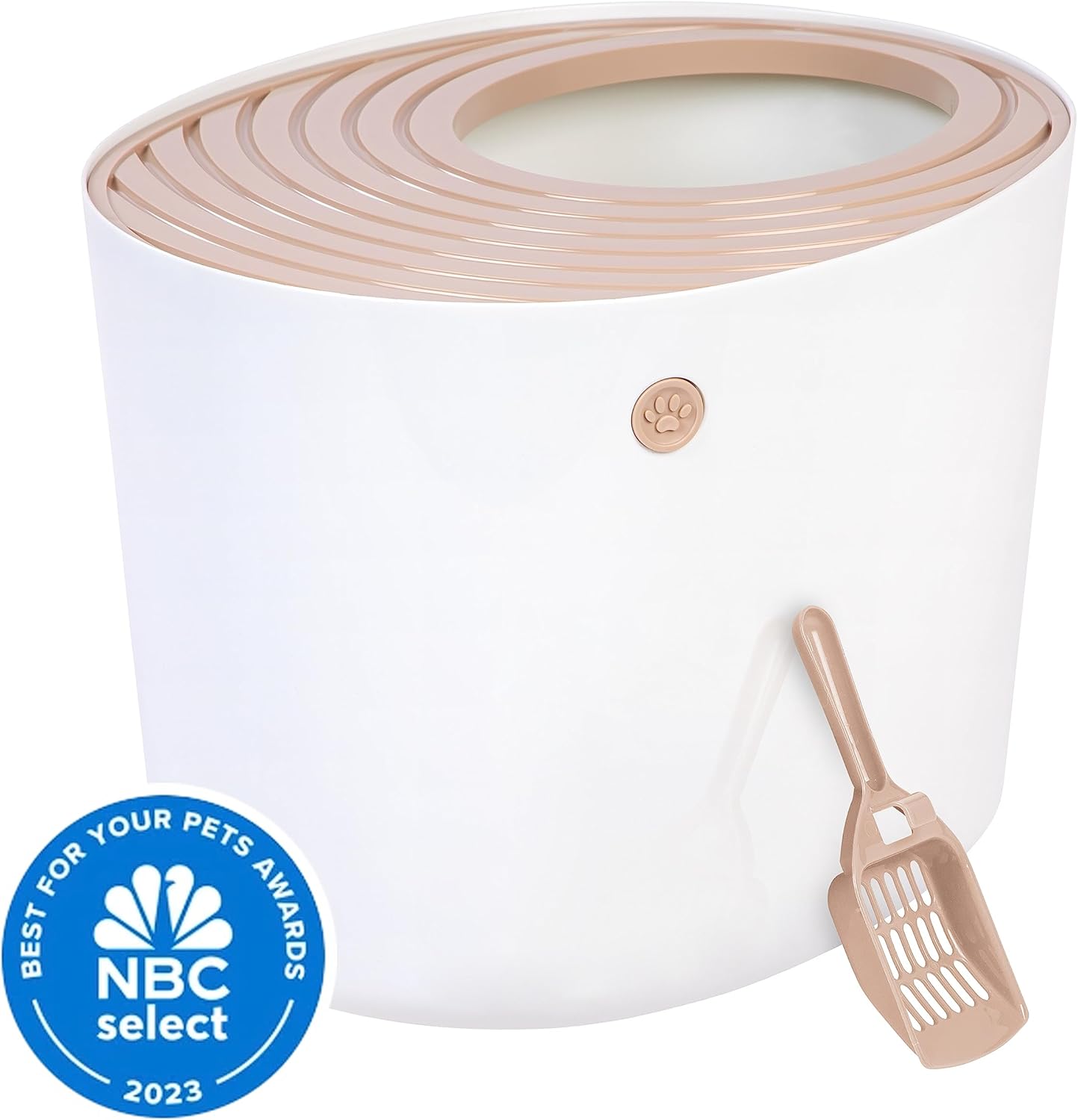 IRIS USA Top Entry Cat Litter Box with Scoop - Large - Stylish Enclosed Round Oval Kitty Dog Proof Box, Litiere Pour Chat Bac - White/Beige