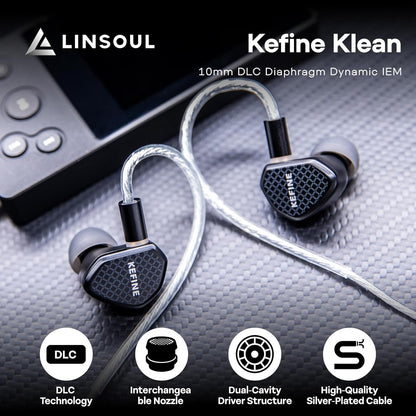 Linsoul Kefine Klean in Ear Monitor,10mm DLC Diaphragm Dynamic Driver HiFi Earphones,Wired Gaming Earbuds,Replaceable Nozzles,Detachable Silver-Plated Cable for Audiophile (No Mic 3.5mm)