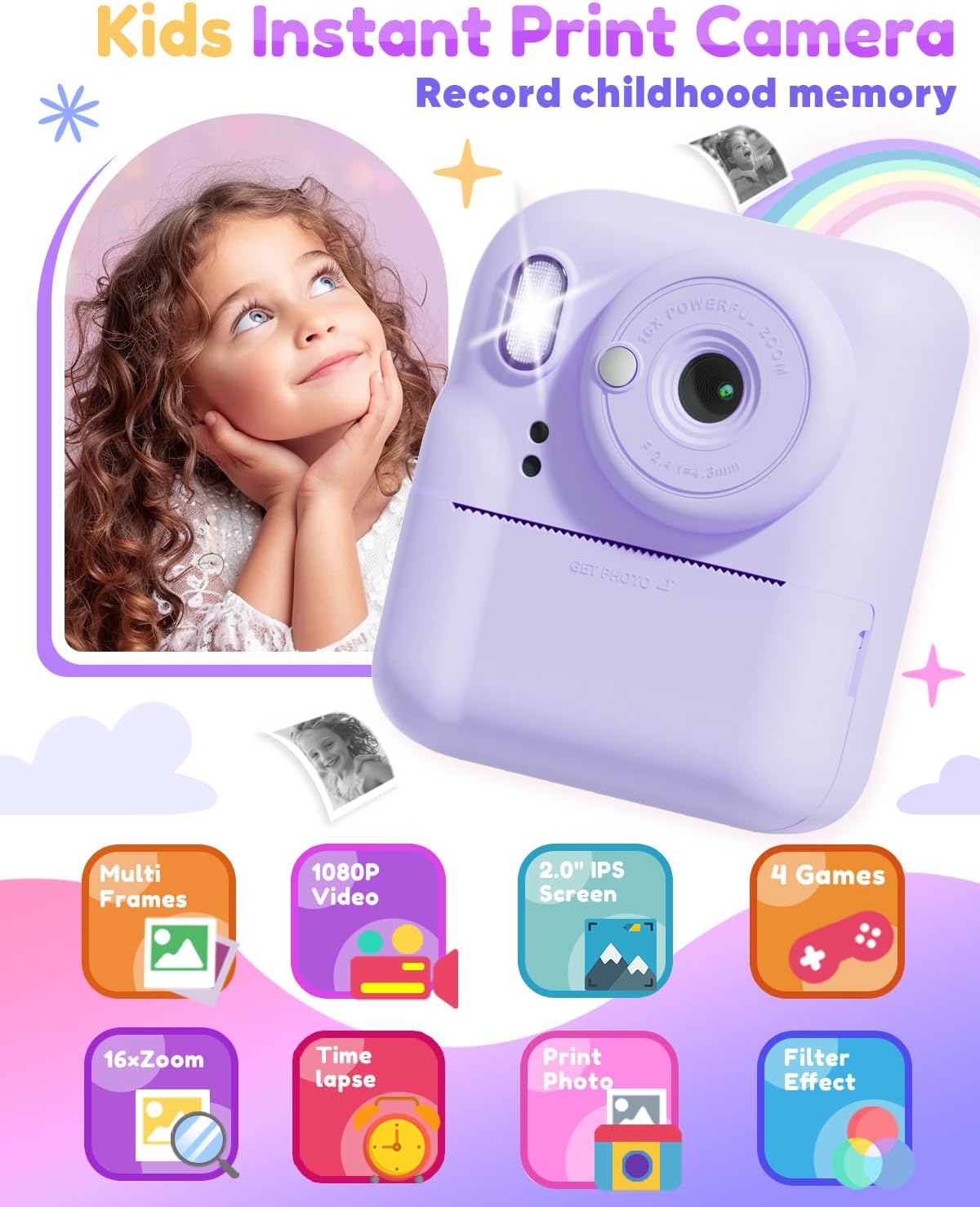 Pussan Kids Camera Instant Print, 1080P Instant Print Camera Toys for 3-12 Year Old Girls, Christmas Birthday Gifts for Age 3 4 5 6 7 Girls, Kids Digital Camera Toys with 3 Rolls Print Paper-Pink