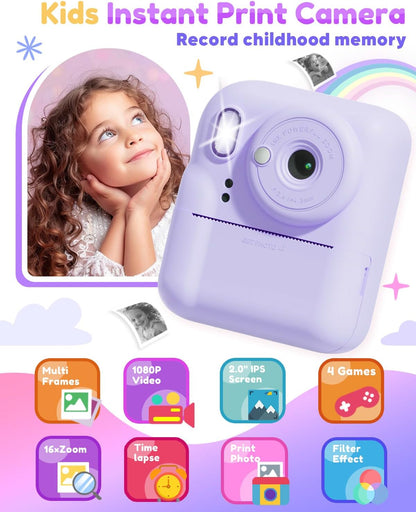 Pussan Kids Camera Instant Print, 1080P Instant Print Camera Toys for 3-12 Year Old Girls, Christmas Birthday Gifts for Age 3 4 5 6 7 Girls, Kids Digital Camera Toys with 3 Rolls Print Paper-Pink