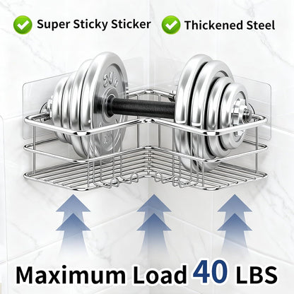 Menbyci 2 Pack Corner Shower Caddy, Adhesive Bathroom Shelf with 8 Hooks, Rustproof Stainless Steel Bathroom Organizer, No Drilling Shower Shelves Basket Wall Storage Rack Shampoo Holder (Silver)