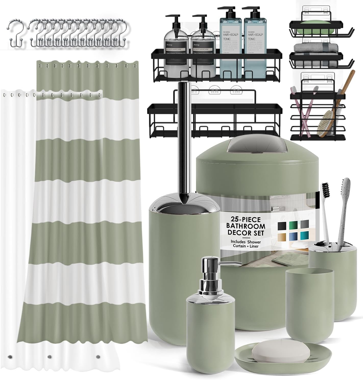 Clara Clark Bathroom Set - Gray Bathroom Accessories Set, Bathroom Sets with Shower Curtain and Rugs, 23PC Shower Curtain Set with Liner, Soap Dispenser, Soap Dish, Toilet Brush Holder, and Trash Can
