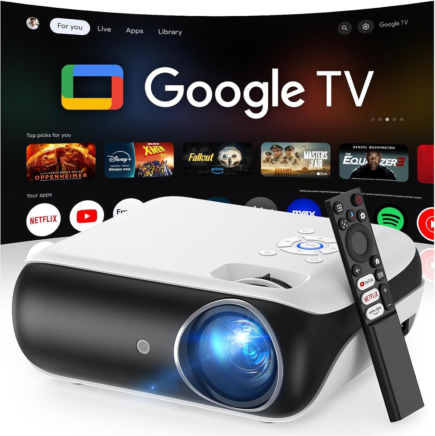 Official Licensed Google TV Smart Projector, HAPPRUN Projector 4k Support with Dolby Sound, Built-in Streaming Apps, Native 1080P, Wi-Fi & Bluetooth, Projecteur for Home Cinema,Gaming,Outdoor