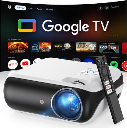 Official Licensed Google TV Smart Projector, HAPPRUN Projector 4k Support with Dolby Sound, Built-in Streaming Apps, Native 1080P, Wi-Fi & Bluetooth, Projecteur for Home Cinema,Gaming,Outdoor