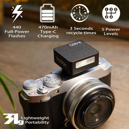 Godox Flash Godox iM20 Camera Flash - godox iM20 Mini Flash Manual 440 Full-Power Flashes/3s Recycle/5 Power Levels, Camera Flash for Sony zve10/Sony zv1/Sony a7iii/Ricoh gr3/Fujifilm f1 etc. (Black) - PuriLite