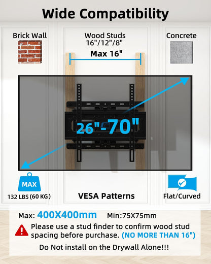 HOME VISION Full Motion TV Wall Mount for Most 26-70 Inch TVs Up to 132 LBS, Max VESA 400x400mm, Wall Mount TV Bracket with Swivel Extension Articulating Tilting Level, TV Mount Fit 12" 16" Wood Studs