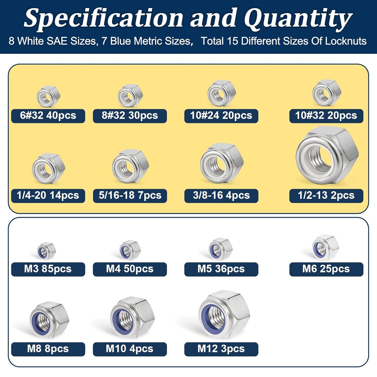Vifmy 110 Pack 1/4"-20 Inch Lock Nuts,304 (A2-70) Stainless Steel Nylon Insert Locknuts,Standard Inch Thread Nylock Nuts for Bolts
