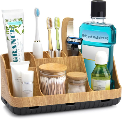 Bathroom Countertop Organizer with Toothbrush Holder – Detachable 7-Slot Vanity Storage Caddy with Drainage, Woodgrain Finish - PuriLite