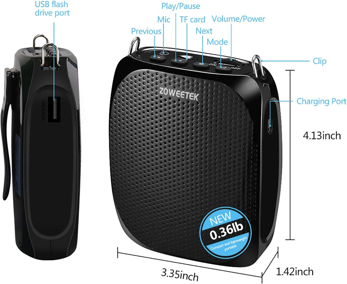 ZOWEETEK Portable Rechargeable Mini Voice Amplifier with Wired Microphone Headset and Waistband, Supports MP3 Format Audio for Teachers, Singing, Coaches, Training, Presentation, Tour Guide