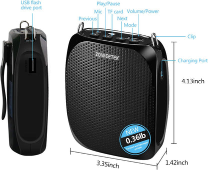 ZOWEETEK Portable Rechargeable Mini Voice Amplifier with Wired Microphone Headset and Waistband, Supports MP3 Format Audio for Teachers, Singing, Coaches, Training, Presentation, Tour Guide