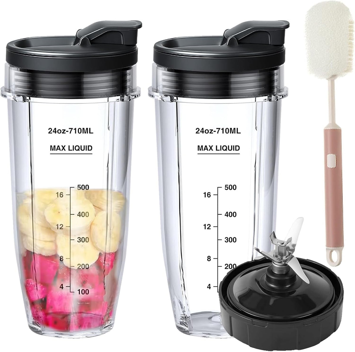 6 Pack Ninja Blender Cups Replacement and 7Fins Blade Replacement 24oz Ninja Cups for Blender & Blade with Cleaning Brush Compatible Nutri Ninja Auto iQ BN801 BL480 BL640 BL642 NN100 BL2012