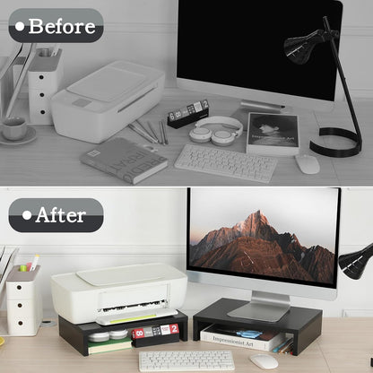 TEAMIX 2 Pack Wood Monitor Stand Riser, Black Adjustable Computer Stand Dual Monitor Riser for Monitors/Laptops/TV, Desktop Shelf Space-Saving - PuriLite