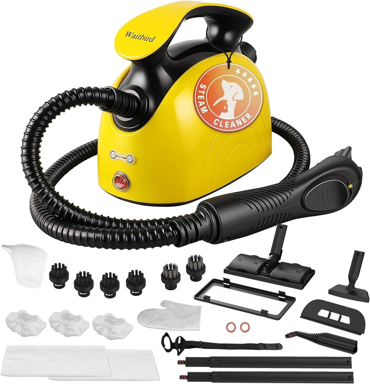 Waitbird Steam Cleaner, Multipurpose Powerful Steamer with 21 Accessories, Portable Handheld Steam Mop with 38OZ Tank, Natural Cleaning for Home Use, Floor, Grout, Tile, Couch, Carpet, Car,Yellow