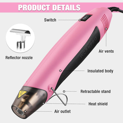WORKPRO Mini Heat Gun, 400W Hot Air Gun with Reflector Nozzle, 2 Temp Settings 482℉(250℃)/842℉(450℃) and 5.9ft Long Cable Overload Protection for Craft Embossing, Shrink Wrapping PVC, Drying Paint