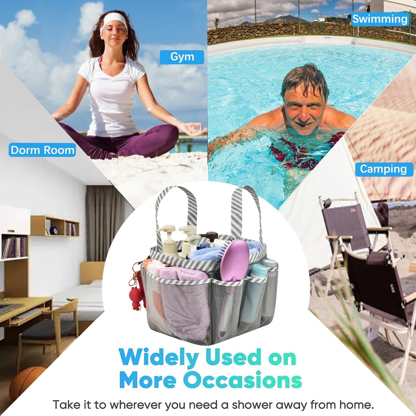 Mesh Shower Caddy Tote, Large College Dorm Bathroom Caddy Organizer with Key Hook and 2 Oxford Handles, Quick Hold, 8 Basket Pockets for Camp Gym