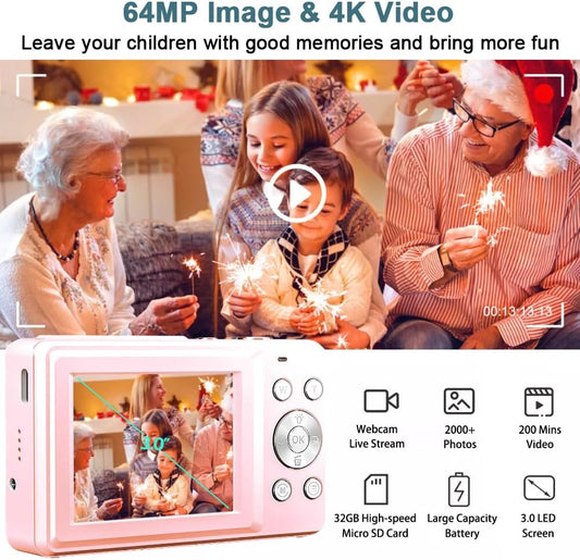 4K Digital Camera for Photography, 64MP Autofocus Vlogging Cam for YouTube, Anti-Shake, 3.0'' LED Screen, 18X Zoom, Pink Point and Shoot Digital Camera for Teens Adult Beginner, 32GB TF Card - PuriLite
