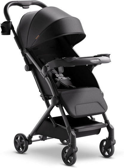 Mompush Lithe V2 Lightweight Stroller + Snack Tray, Ultra-Compact Fold & Airplane Ready Travel Stroller, Near Flat Recline Seat, Cup Holder, Raincover & Travelbag Included