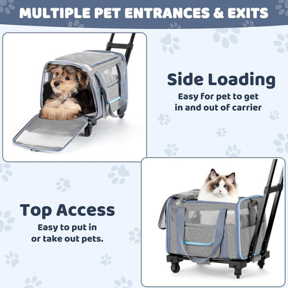 UNICITII Pets Carrier for Small Cat, Dog Medium Cats Puppies up to 20 Lbs, Airline Approved Carrier Soft Sided, Collapsible Travel Puppy Carrier (Grey-with Wheels)