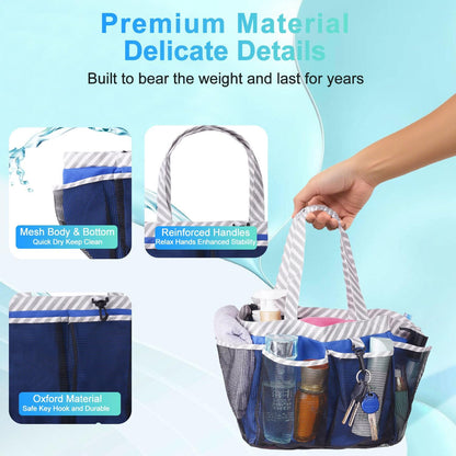 Mesh Shower Caddy Tote, Large College Dorm Bathroom Caddy Organizer with Key Hook and 2 Oxford Handles, Quick Hold, 8 Basket Pockets for Camp Gym