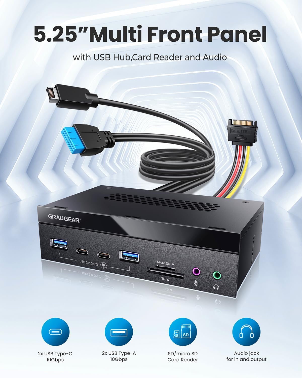 GRAUGEAR 5.25 Inch 10Gbps USB 3.2 PC Front Panel Card Reader with Audio Ports, SD/microSD Internal Card Reader, USB3.2 Type-E Key-A 20-Pin Header & USB3.0 Header & 15-Pin SATA Power Connector Required