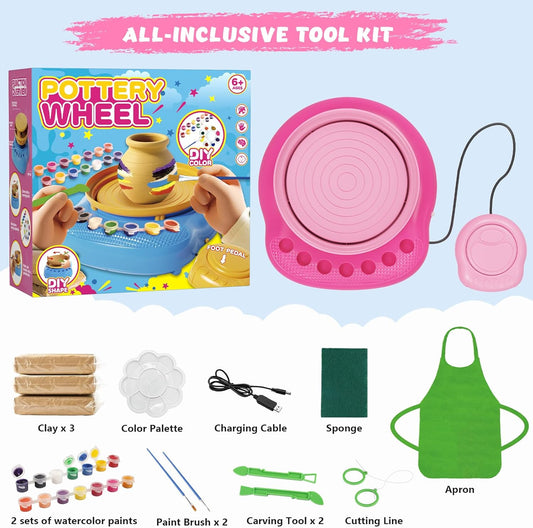 Kids Pottery Wheel Kit for Beginners with Clay, Paints, Tools, and Apron – Complete Art & Craft Set for Ages 6–12, Creative DIY Pottery Toy (Rose) - PuriLite