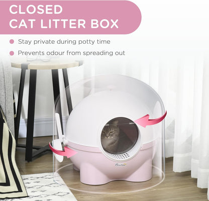 PawHut Cat Litter Box with Lid, Enclosed Kitty Litter Box with Scoop, Leaking Sand Pedal, Top Handle, Pink