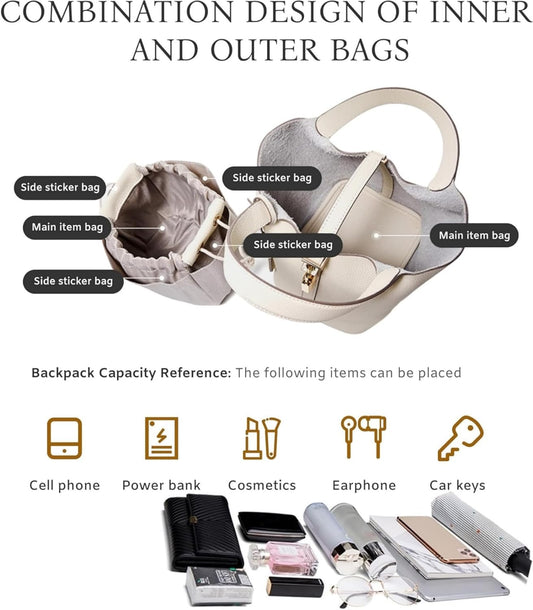 Purilite Select | Genuine Leather Soft Bucket Bag for Women | Cowhide Tote Handbag | Vegetable Basket Style with Top Handle & Floral Decoration