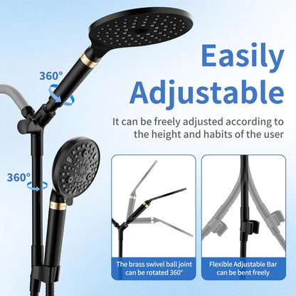 JONKEAN 7.5" Big Filtered Double Shower Head for Hard Water, Dual Shower Heads with Handheld Spray Combo, 9 Modes Waterfall Rain Shower Head High Pressure with Long Hose & Adjustable Bar(Matte Black)