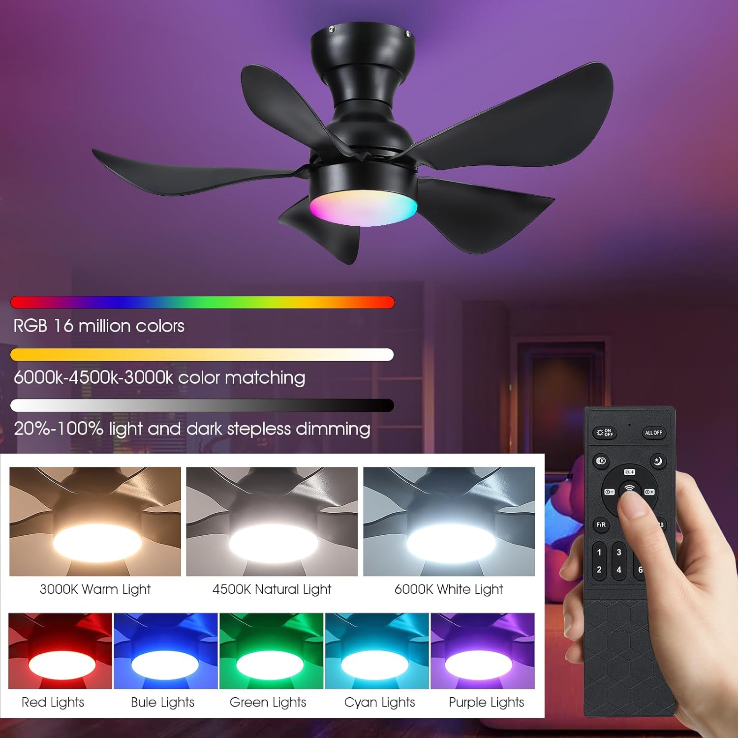 Modern Ceiling Fans with Lights Remote/APP Control, 29" Flush Mount Ceiling Fans with 3 CCT Dimmable Lights, Low Profile Ceiling Fans with 5 Propeller Blades LED Lights for Kids Room Bedroom, Brown - PuriLite