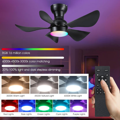 Modern Ceiling Fans with Lights Remote/APP Control, 29" Flush Mount Ceiling Fans with 3 CCT Dimmable Lights, Low Profile Ceiling Fans with 5 Propeller Blades LED Lights for Kids Room Bedroom, Brown - PuriLite