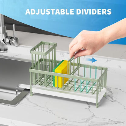 Cisily Sponge Holder for Kitchen Sink, Sink Caddy with High Brush Holder, Organzier Rustproof 304 Stainless Steel Dish Organizer Divider, Soap Dispenser Storage (Black)