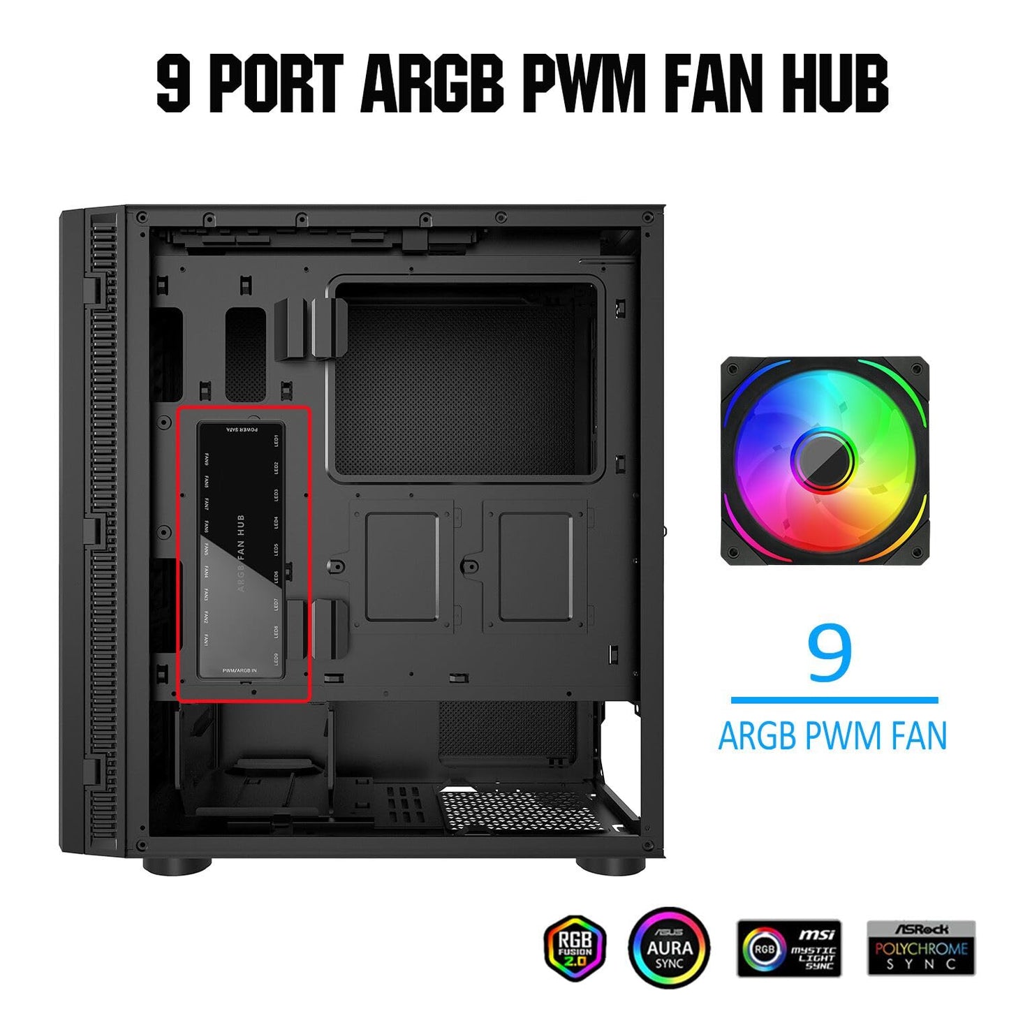 ARGB PWM Fan Hub, Addressable 5V-3PIN ARGB 12V 4PIN PWM 2-in-1 RGB Case Fan Hub SATA Power Input, 9 Fan Port and 9 LED Port, PC Fan hub Support 9 Computer ARGB PWM Fans Splitter