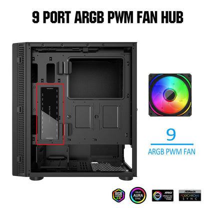 ARGB PWM Fan Hub, Addressable 5V-3PIN ARGB 12V 4PIN PWM 2-in-1 RGB Case Fan Hub SATA Power Input, 9 Fan Port and 9 LED Port, PC Fan hub Support 9 Computer ARGB PWM Fans Splitter