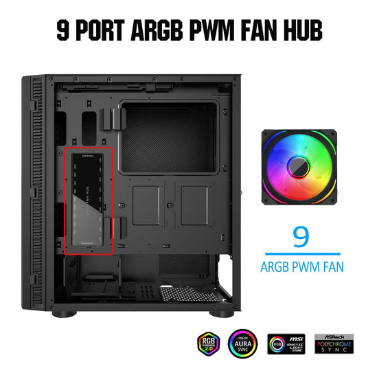 ARGB PWM Fan Hub, Addressable 5V-3PIN ARGB 12V 4PIN PWM 2-in-1 RGB Case Fan Hub SATA Power Input, 9 Fan Port and 9 LED Port, PC Fan hub Support 9 Computer ARGB PWM Fans Splitter - PuriLite