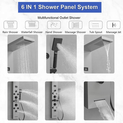 Bathfinesse Shower Tower Bathroom Shower Panel System Rain Massage System 6 in 1 Body Spray Jets Shower Wall Panels Rainfall Waterfall Shower Head Tub Spout with Temperature Display,Matte Black