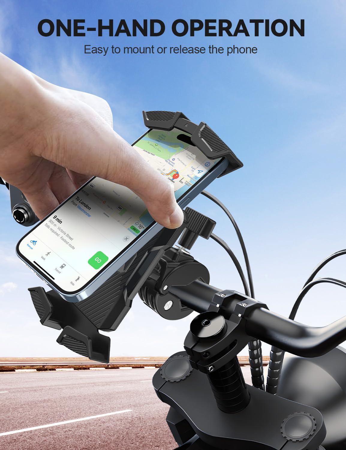 Oraolo Motorcycle Phone Mount, Bike Phone Holder, Phone Holder for Bike Scooter Handlebar, Security Lock, One-Hand Operation, 360° Rotatable Phone Mount Compatible with 4.7-6.8" Phones, 1 Pack