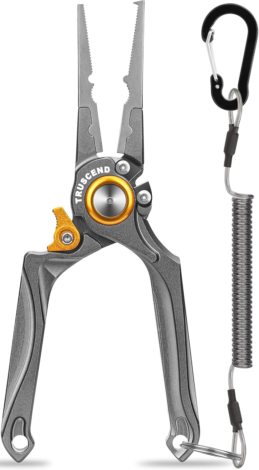 TRUSCEND Lockable Handy Fishing Pliers with Innovative Ergonomic Handle, Saltwater Corrosion Resistant Teflon Coated Fishing Tool, Multi-Function Fishing Gear with Mo-V Cutter, Amazing Fishing Gift