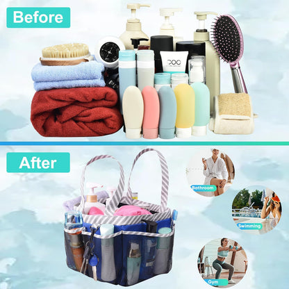 Mesh Shower Caddy Tote, Large College Dorm Bathroom Caddy Organizer with Key Hook and 2 Oxford Handles, Quick Hold, 8 Basket Pockets for Camp Gym