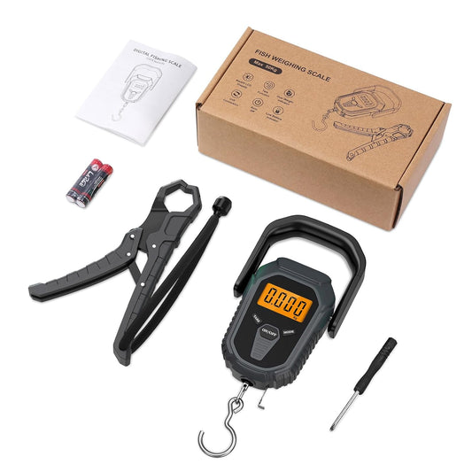 AMIR Fish Scale, 110lb/50kg Backlit LCD Display Digital Luggage Scale, Electronic Fishing Scale with Lip Gripper, Digital Weight Scale with 38'' Measuring Tape, Pocket Size, Fishing Gifts for Men - PuriLite